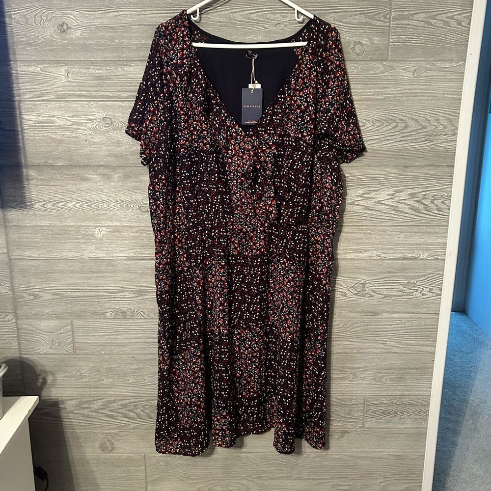Skies Are Blue Womens Plus 2X Floral V-Neck Midi Dress Navy Red Short Sleeve NEW